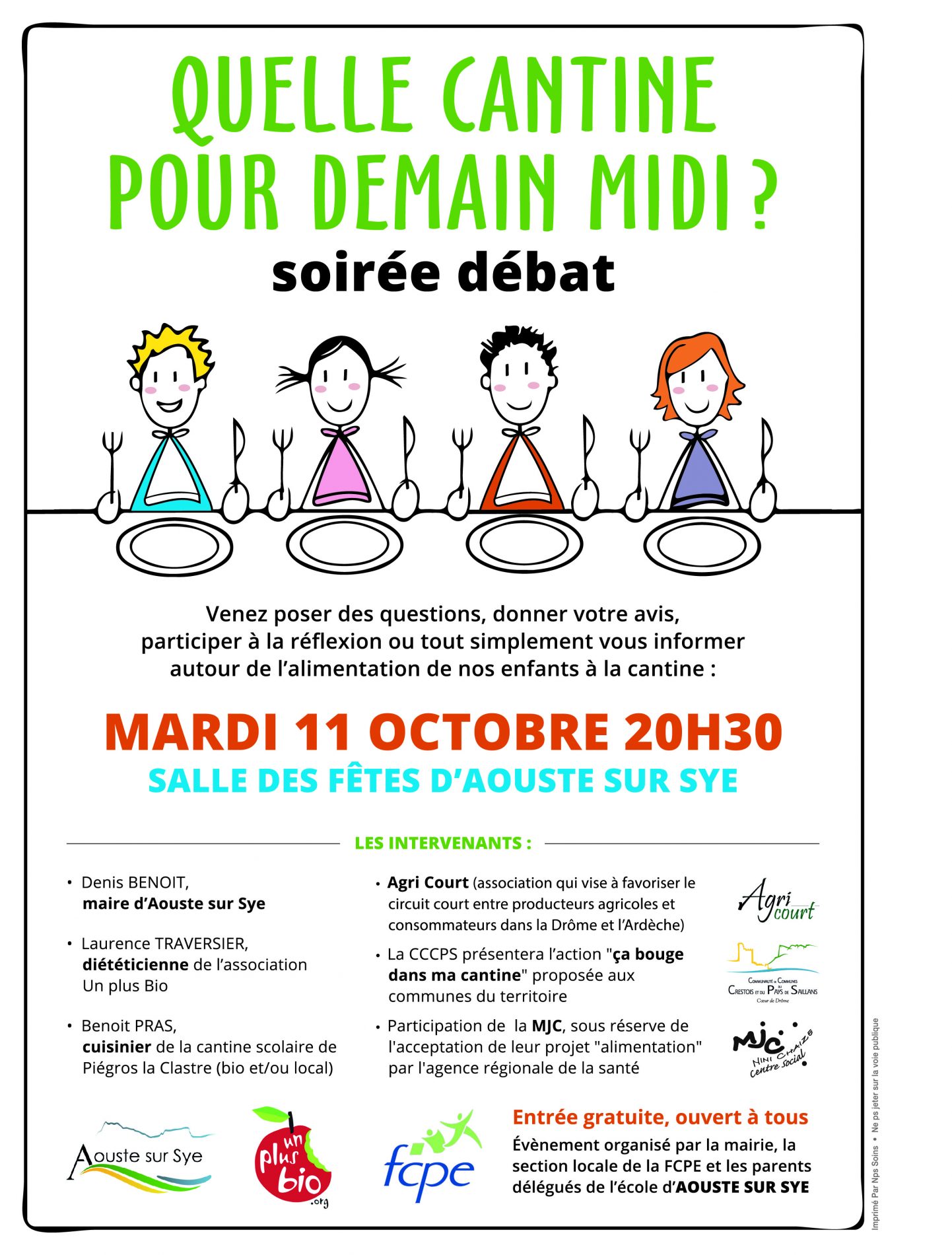 Soirée débat autour de l’alimentation de nos enfants,mardi 11 octobre à 20h30, salle des fêtes d’Aouste-sur-Sye.